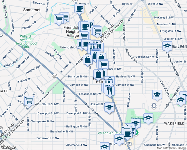 map of restaurants, bars, coffee shops, grocery stores, and more near 4335 Harrison Street Northwest in Washington