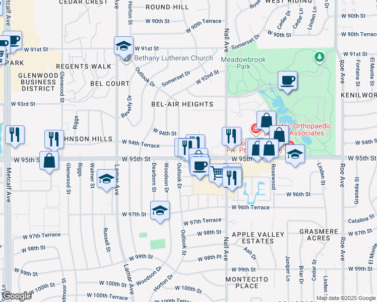map of restaurants, bars, coffee shops, grocery stores, and more near 5665 West 95th Street in Overland Park