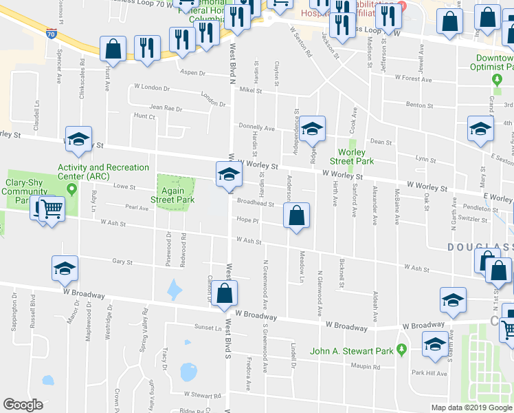 map of restaurants, bars, coffee shops, grocery stores, and more near 902 Broadhead Street in Columbia