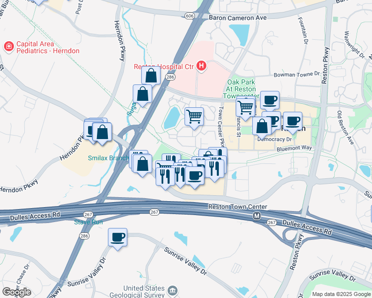 map of restaurants, bars, coffee shops, grocery stores, and more near 1981 Logan Manor Drive in Reston