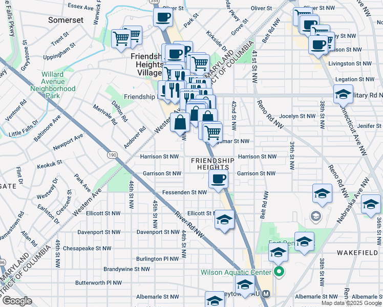 map of restaurants, bars, coffee shops, grocery stores, and more near 4339 Harrison Street Northwest in Washington