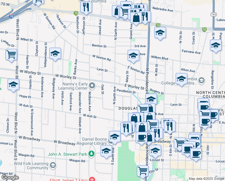 map of restaurants, bars, coffee shops, grocery stores, and more near 405 North Garth Avenue in Columbia