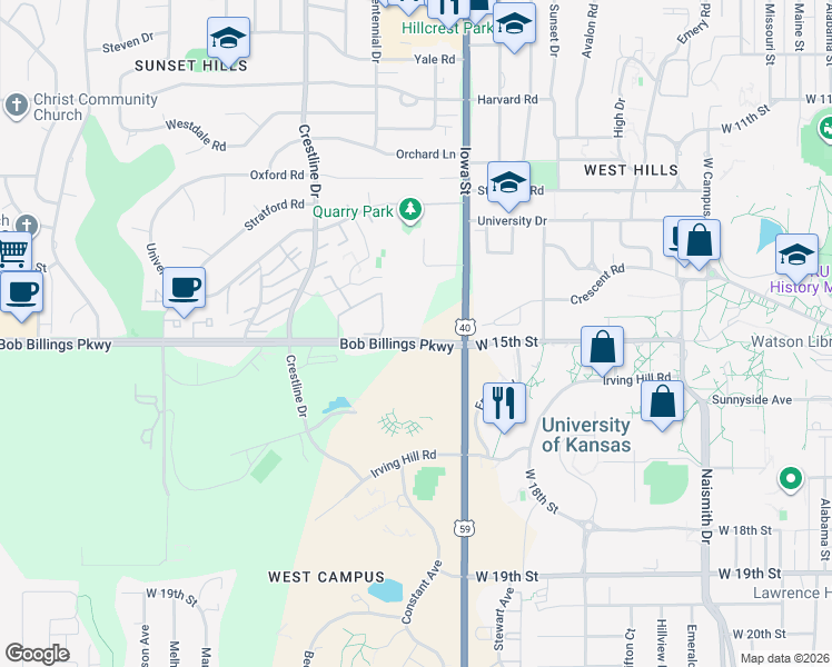 map of restaurants, bars, coffee shops, grocery stores, and more near 2112 Bob Billings Parkway in Lawrence