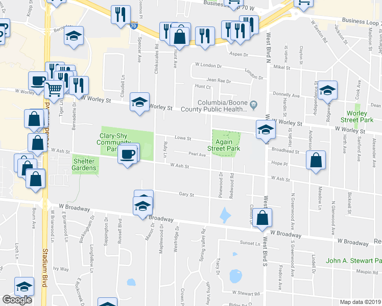 map of restaurants, bars, coffee shops, grocery stores, and more near 1401 Pearl Avenue in Columbia
