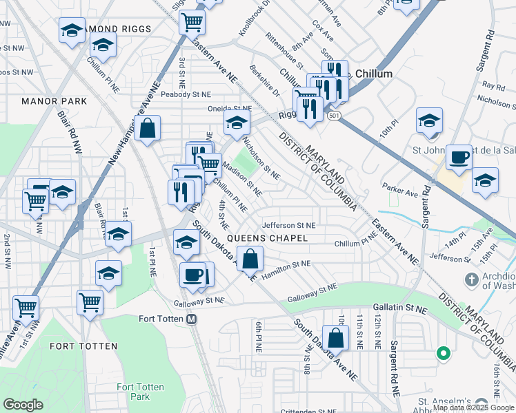 map of restaurants, bars, coffee shops, grocery stores, and more near 618 Kennedy Street Northeast in Washington