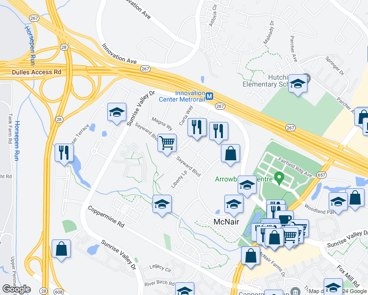 map of restaurants, bars, coffee shops, grocery stores, and more near 2360 Dulles Station Boulevard in Herndon