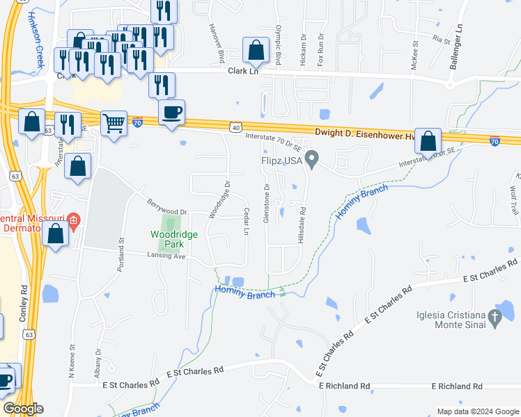 map of restaurants, bars, coffee shops, grocery stores, and more near 605-607 Glenstone Drive in Columbia