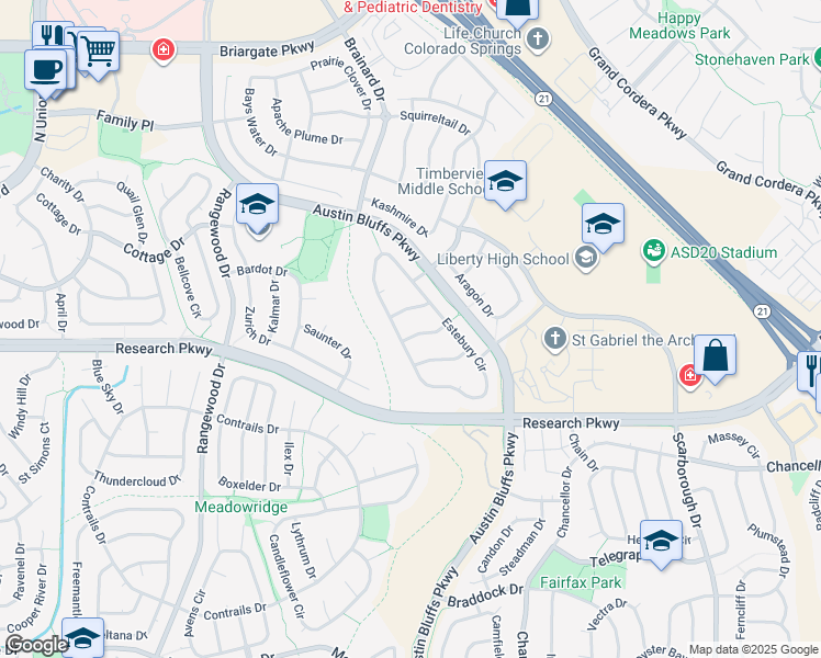 map of restaurants, bars, coffee shops, grocery stores, and more near 4420 Sagamore Drive in Colorado Springs
