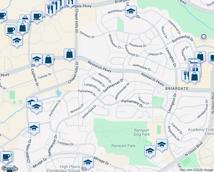 map of restaurants, bars, coffee shops, grocery stores, and more near 8715 Hillsport Way in Colorado Springs