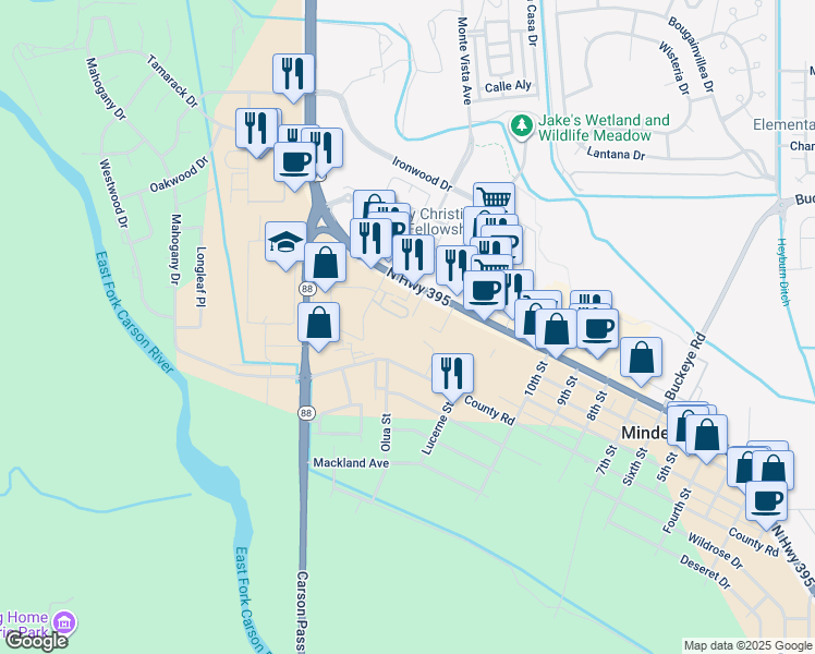 map of restaurants, bars, coffee shops, grocery stores, and more near 1670 U.S. Highway 395 North in Minden