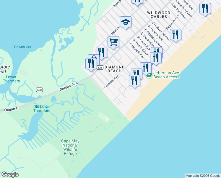 map of restaurants, bars, coffee shops, grocery stores, and more near 320 South Station Avenue in Wildwood