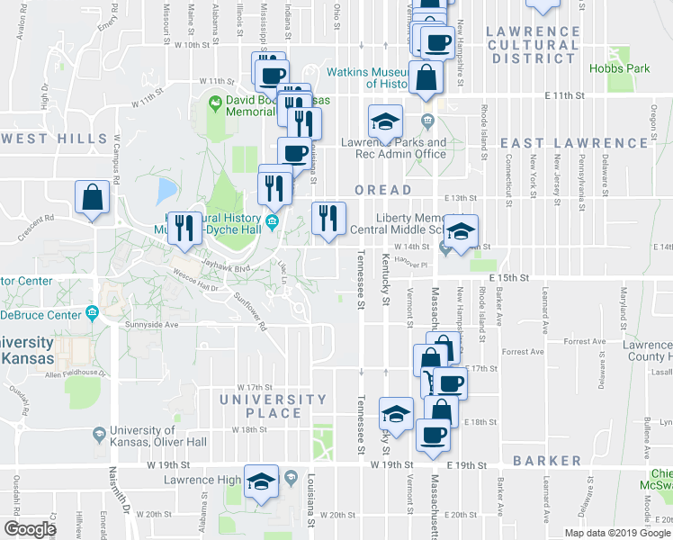 map of restaurants, bars, coffee shops, grocery stores, and more near 1433 Ohio Street in Lawrence