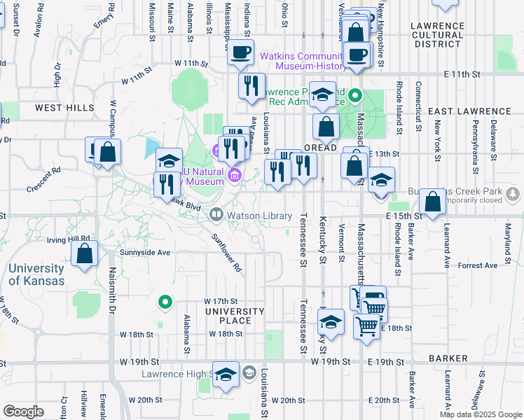 map of restaurants, bars, coffee shops, grocery stores, and more near in Lawrence