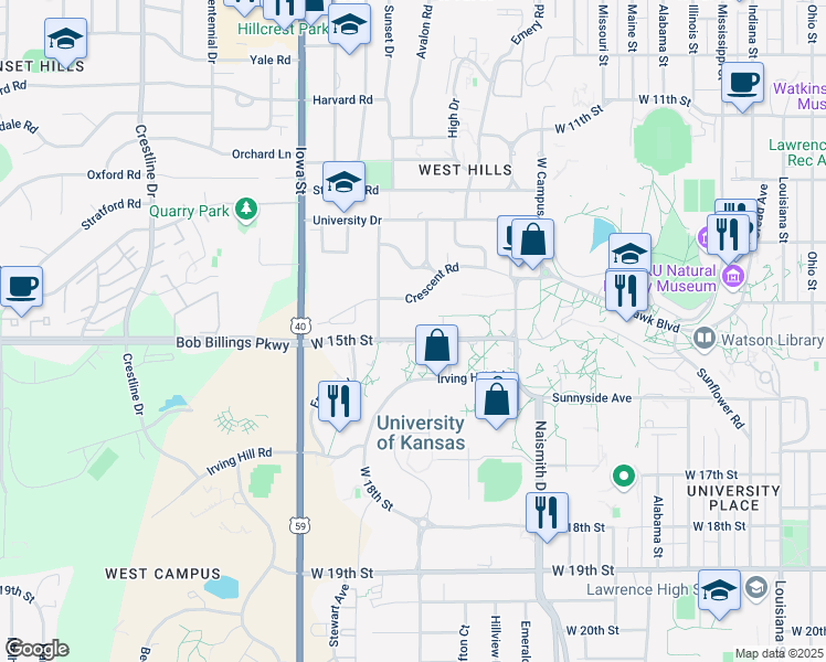 map of restaurants, bars, coffee shops, grocery stores, and more near 1605 Crescent Road in Lawrence