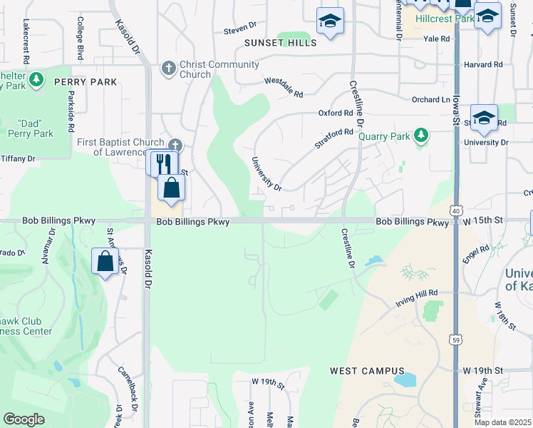 map of restaurants, bars, coffee shops, grocery stores, and more near 1346 Westbrooke Street in Lawrence