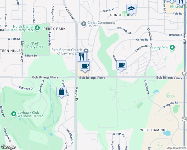 map of restaurants, bars, coffee shops, grocery stores, and more near 1420A Applegate Court in Lawrence