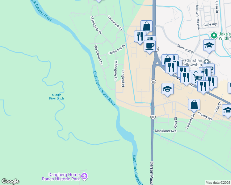 map of restaurants, bars, coffee shops, grocery stores, and more near 872 Mahogany Drive in Minden