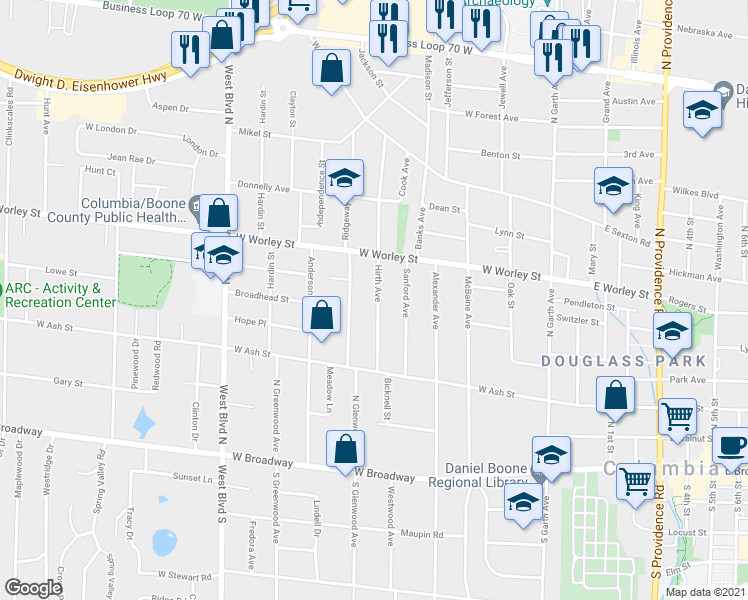 map of restaurants, bars, coffee shops, grocery stores, and more near 405 Hirth Avenue in Columbia