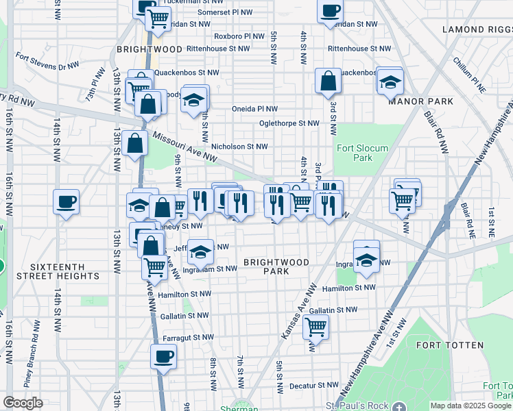 map of restaurants, bars, coffee shops, grocery stores, and more near 604 Longfellow Street Northwest in Washington