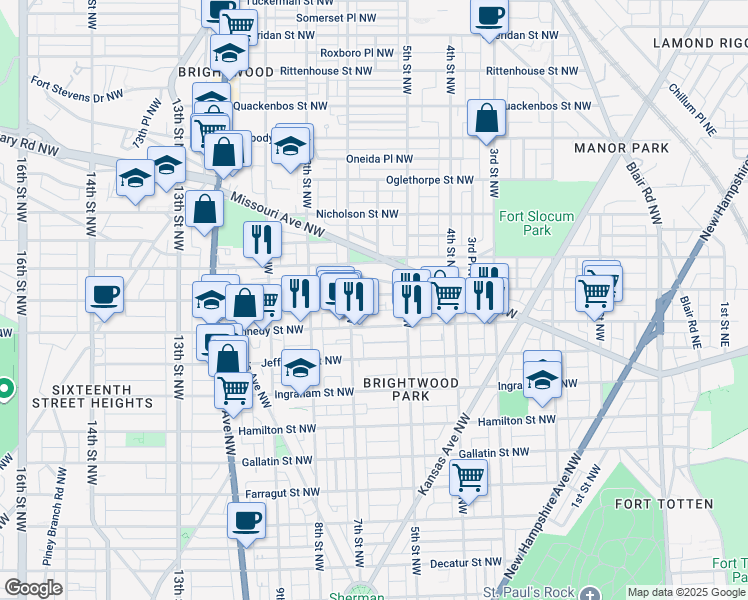 map of restaurants, bars, coffee shops, grocery stores, and more near 610 Longfellow Street Northwest in Washington