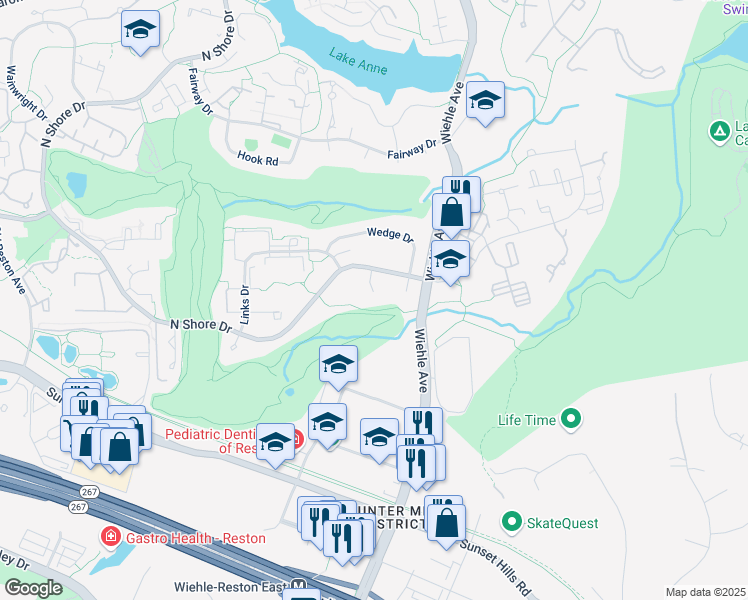 map of restaurants, bars, coffee shops, grocery stores, and more near 1706 Putter Lane in Reston