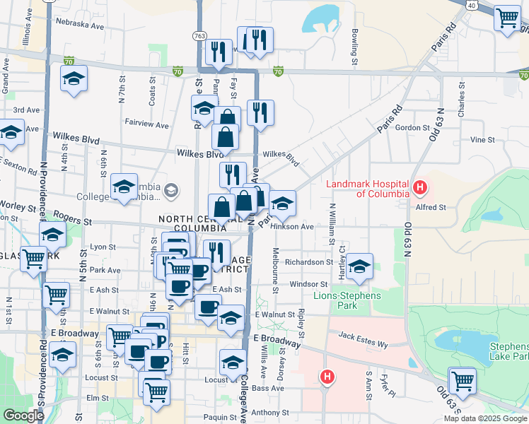 map of restaurants, bars, coffee shops, grocery stores, and more near 1317 Paris Road in Columbia