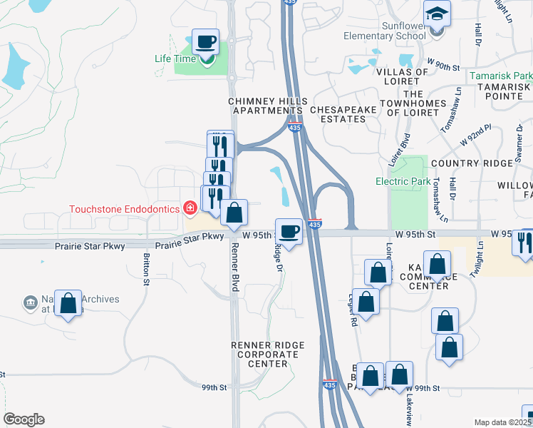 map of restaurants, bars, coffee shops, grocery stores, and more near 9401 Renner Boulevard in Lenexa