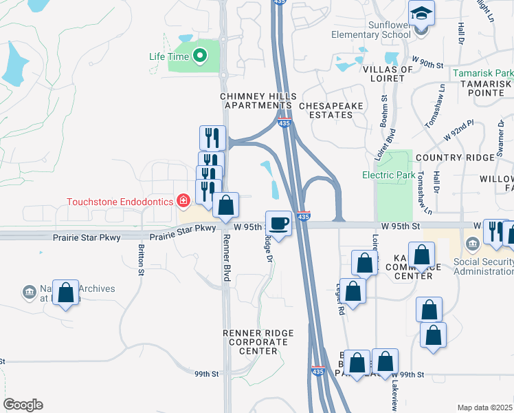 map of restaurants, bars, coffee shops, grocery stores, and more near 9401 Renner Boulevard in Lenexa