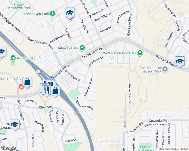 map of restaurants, bars, coffee shops, grocery stores, and more near 8677 Roaring Fork Drive in Colorado Springs