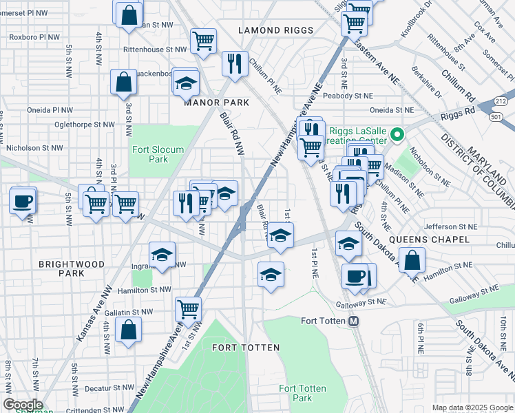 map of restaurants, bars, coffee shops, grocery stores, and more near 101 Independence Avenue Southeast in Washington