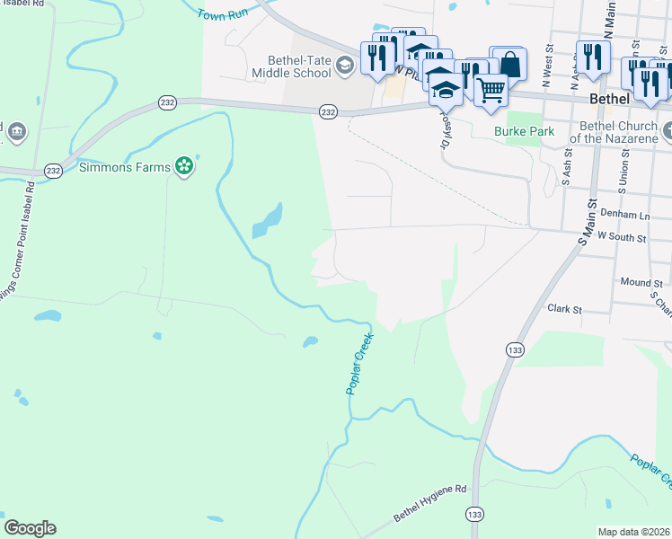 map of restaurants, bars, coffee shops, grocery stores, and more near 405 Grace Way in Bethel