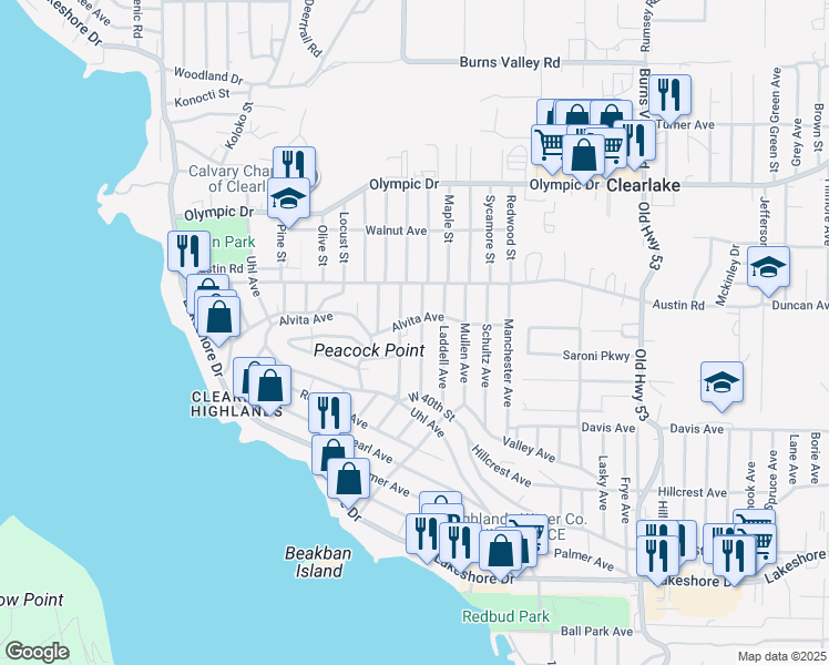 map of restaurants, bars, coffee shops, grocery stores, and more near 3723 Buckeye Street in Clearlake