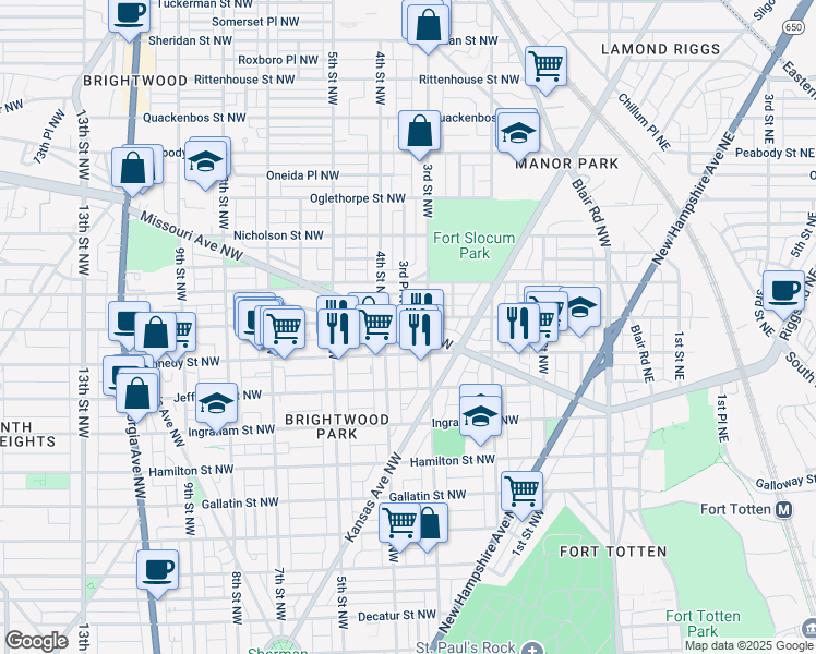 map of restaurants, bars, coffee shops, grocery stores, and more near 326 Missouri Avenue Northwest in Washington