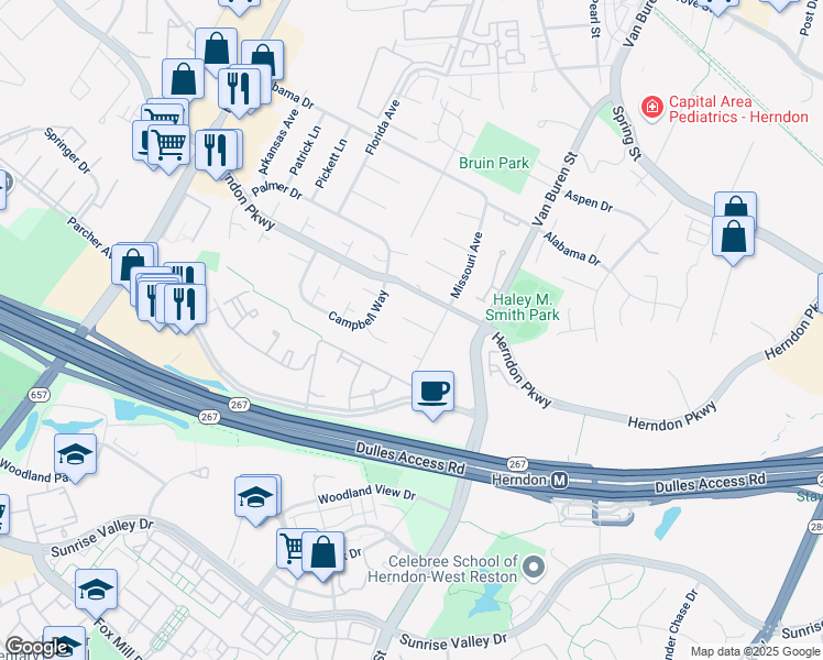 map of restaurants, bars, coffee shops, grocery stores, and more near 655 Pemberton Court in Herndon
