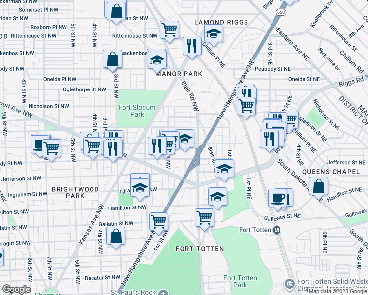map of restaurants, bars, coffee shops, grocery stores, and more near 18 Longfellow Street Northwest in Washington