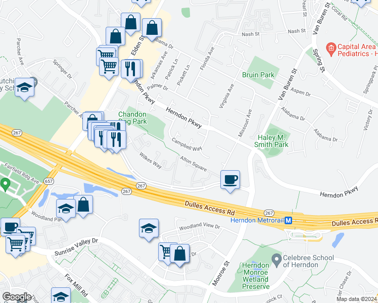 map of restaurants, bars, coffee shops, grocery stores, and more near 721 Campbell Way in Herndon