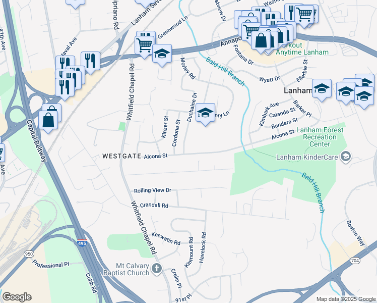 map of restaurants, bars, coffee shops, grocery stores, and more near 9208 Alcona Street in Lanham