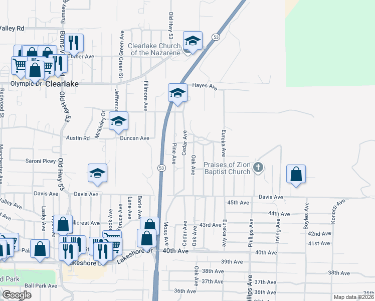 map of restaurants, bars, coffee shops, grocery stores, and more near 3792 Cedar Avenue in Clearlake