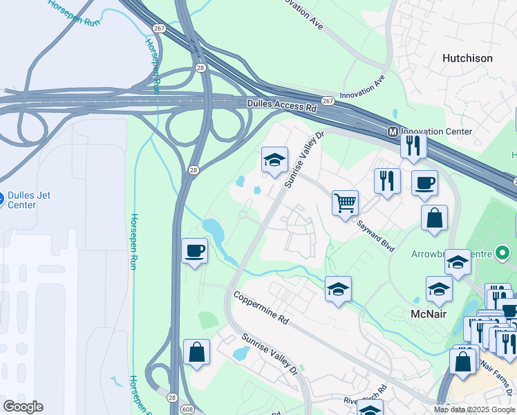 map of restaurants, bars, coffee shops, grocery stores, and more near 2411 Dulles Corner Park in Herndon