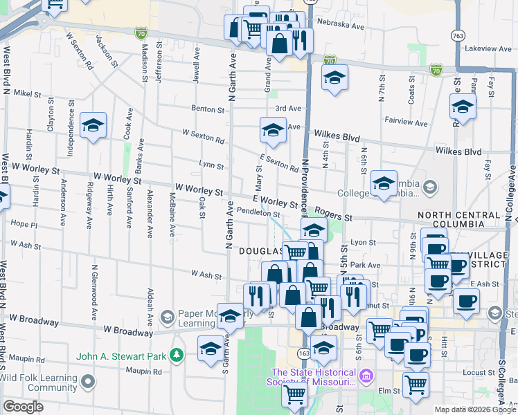 map of restaurants, bars, coffee shops, grocery stores, and more near 508 Mary Street in Columbia