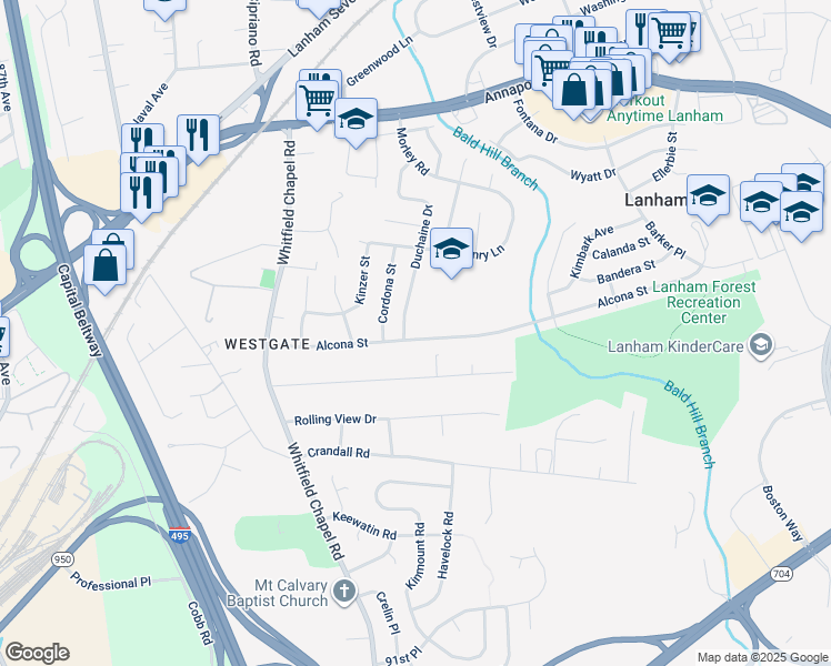 map of restaurants, bars, coffee shops, grocery stores, and more near 9208 Alcona Street in Lanham