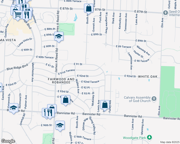 map of restaurants, bars, coffee shops, grocery stores, and more near 8604 East 91st Terrace in Kansas City