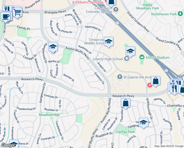 map of restaurants, bars, coffee shops, grocery stores, and more near 8731 Estebury Circle in Colorado Springs