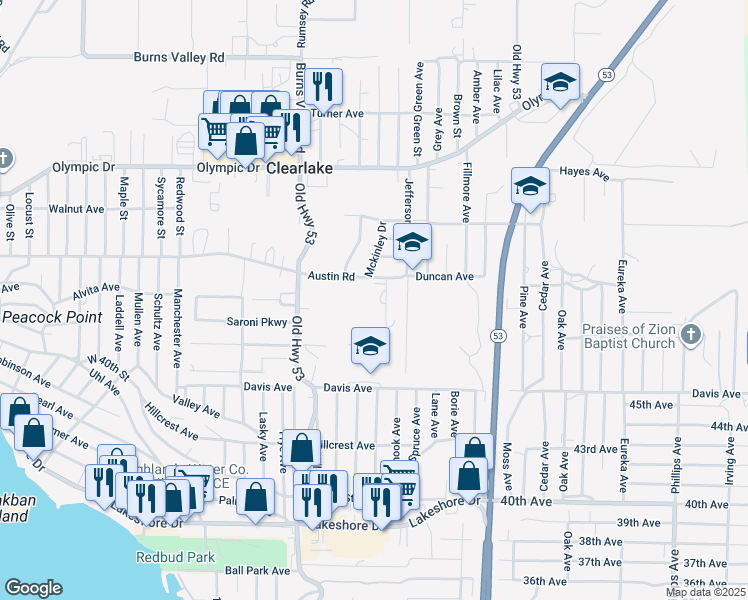 map of restaurants, bars, coffee shops, grocery stores, and more near 15183 Austin Road in Clearlake