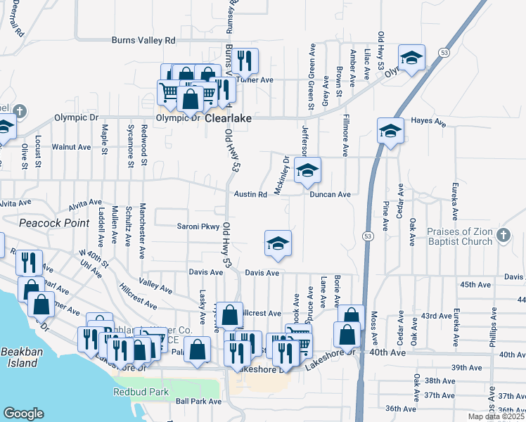 map of restaurants, bars, coffee shops, grocery stores, and more near 15160 Austin Road in Clearlake