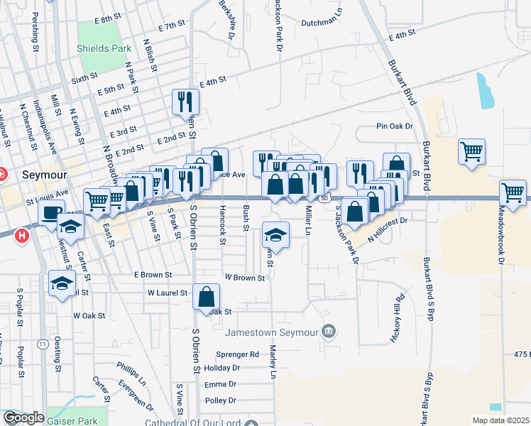 map of restaurants, bars, coffee shops, grocery stores, and more near 900 East Tipton Street in Seymour