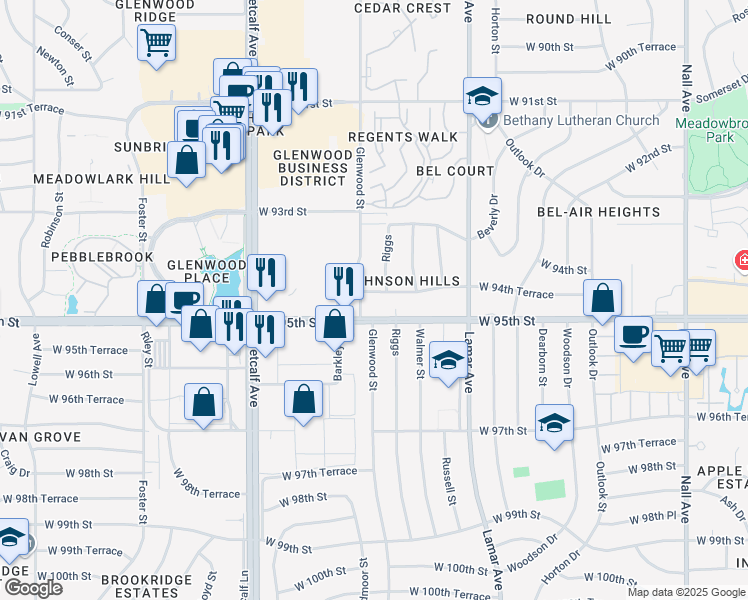map of restaurants, bars, coffee shops, grocery stores, and more near 9434 Riggs in Overland Park