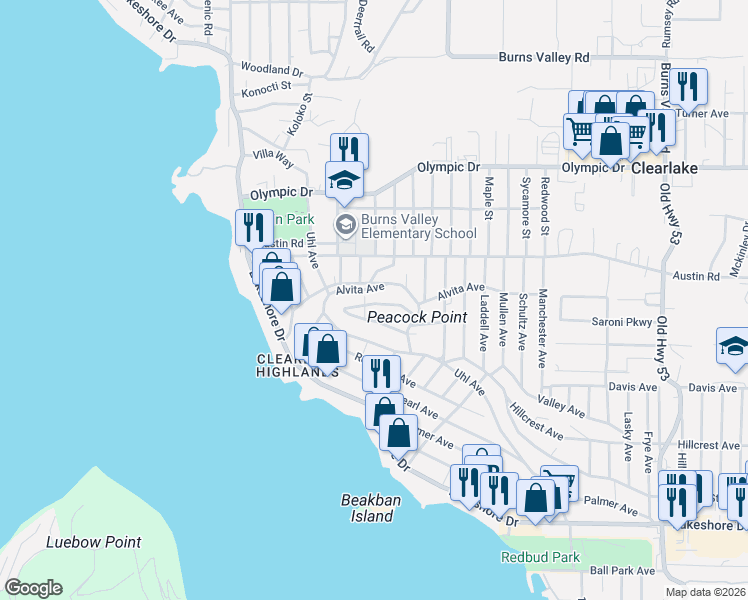 map of restaurants, bars, coffee shops, grocery stores, and more near 14260 Alvita Avenue in Clearlake