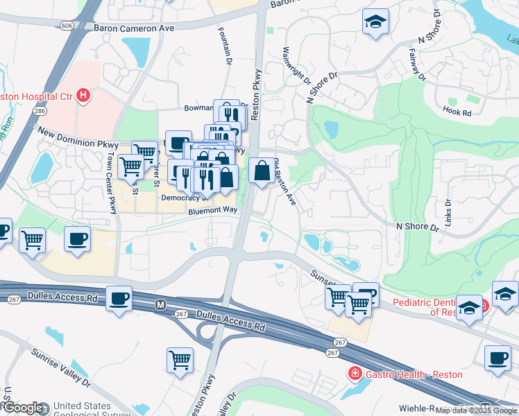 map of restaurants, bars, coffee shops, grocery stores, and more near 1860 Stratford Park Place in Reston
