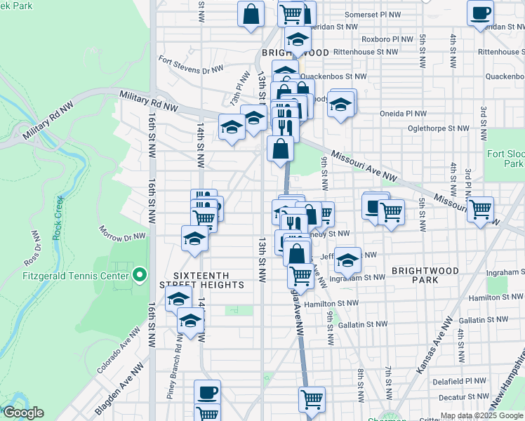 map of restaurants, bars, coffee shops, grocery stores, and more near 1301 Longfellow Street Northwest in Washington